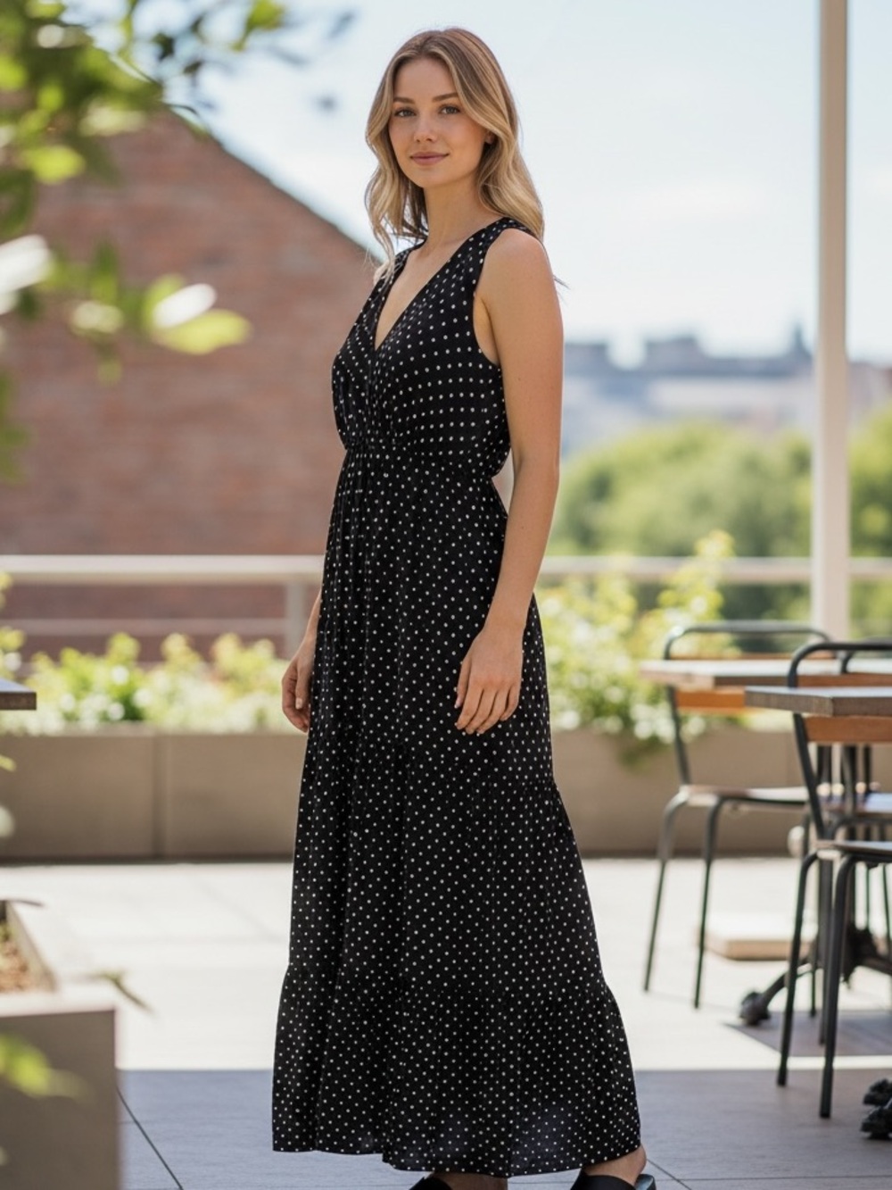 Relativity Black White PolkaDot Tiered Skirt Maxi Dress Retro CottageCore Size L
